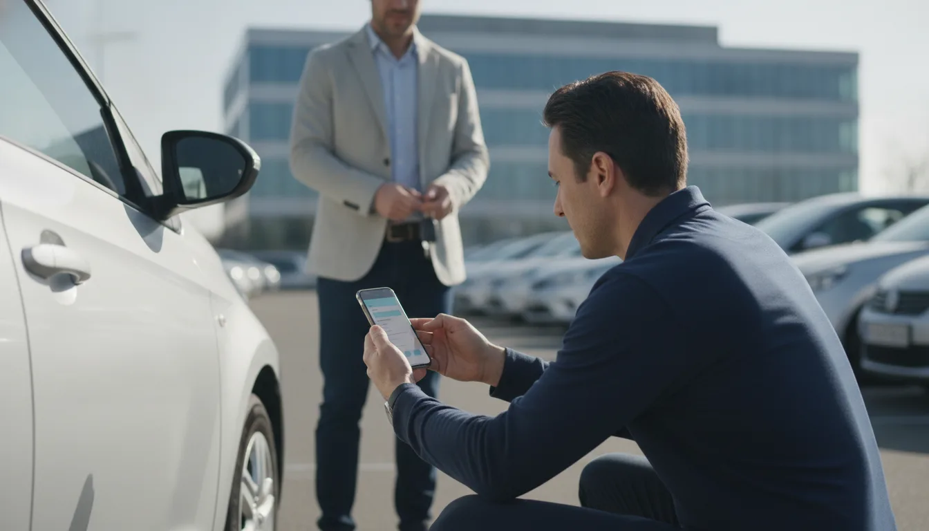 A rental agent crouching to photograph a door scratch with a phone during the walk-around, the customer waiting with the keys