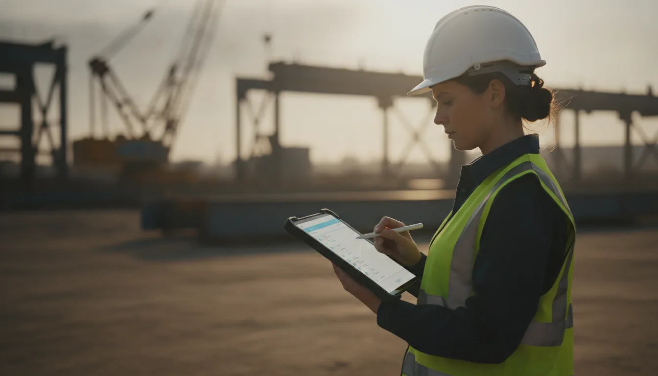 A site supervisor in a hard hat and hi-vis vest ticking off a digital checklist on a tablet in an industrial yard