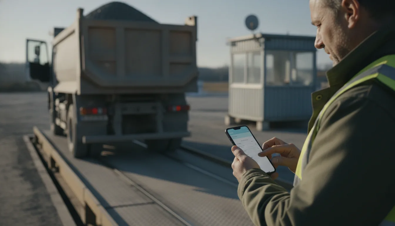 A driver filling in the load ticket on a phone while a loaded tipper truck stands on the weighbridge