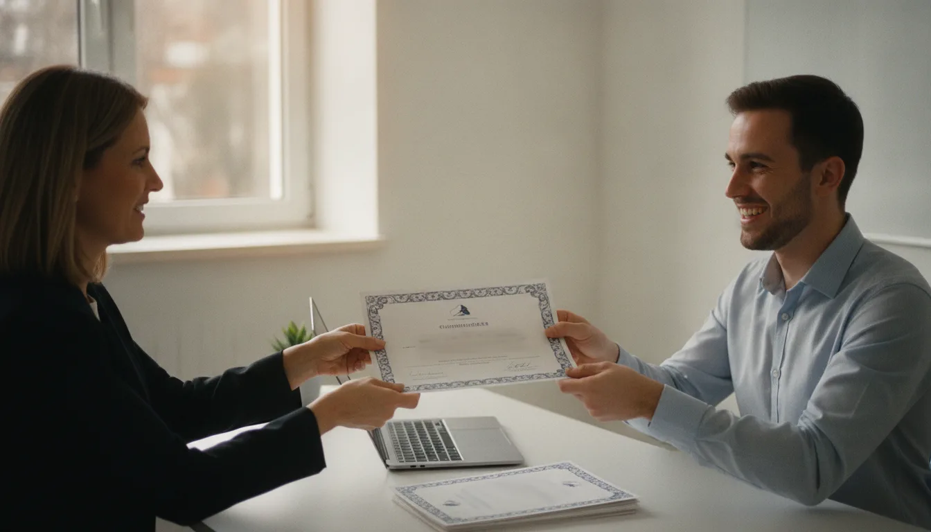 A trainer handing a freshly printed certificate to a smiling trainee in a bright training room