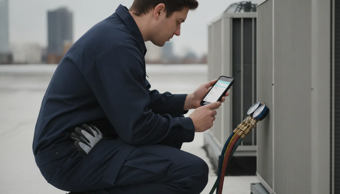 An HVAC technician kneeling beside rooftop condenser units with gauges connected, entering a service reading on a phone